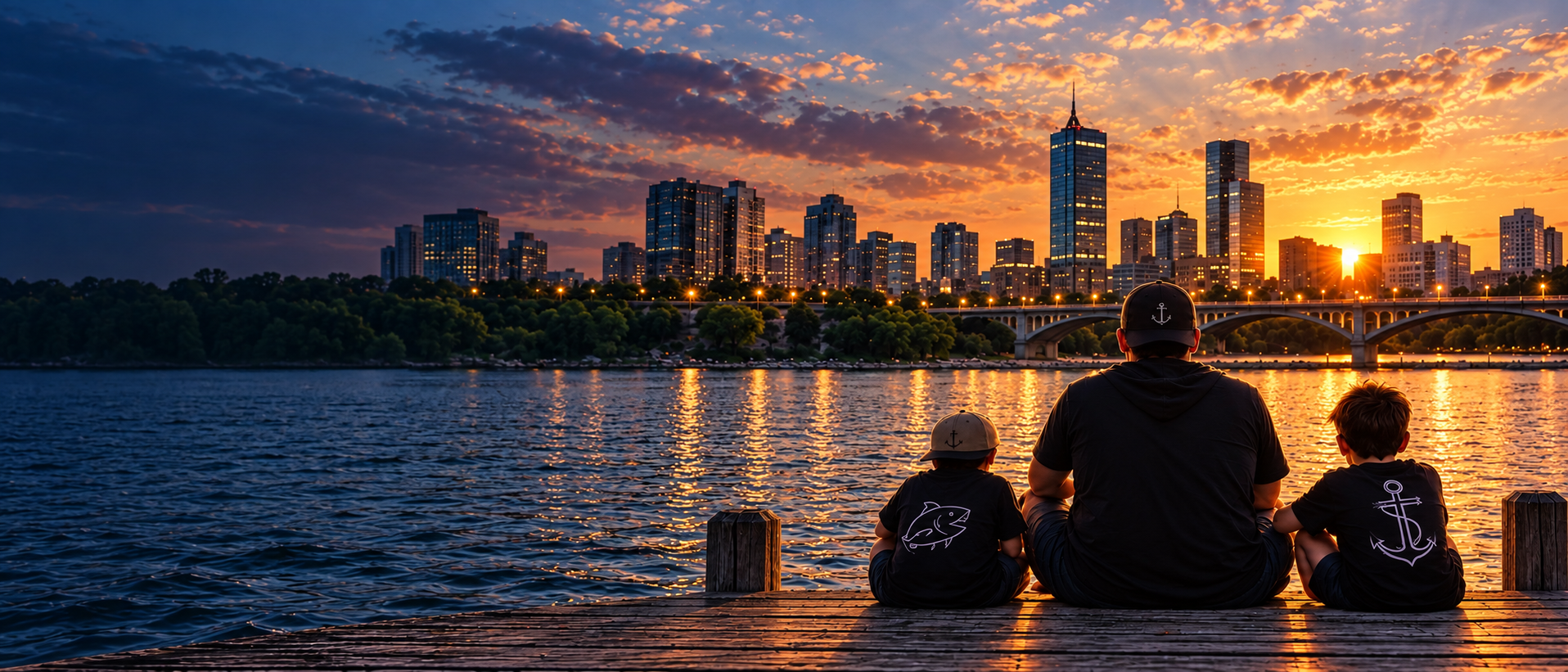 A dad and two boys sit together on a dock, looking toward the water at sunset